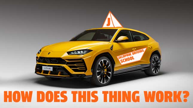 A photo of a Lamborghini Urus SUV with 'L' plates added. 