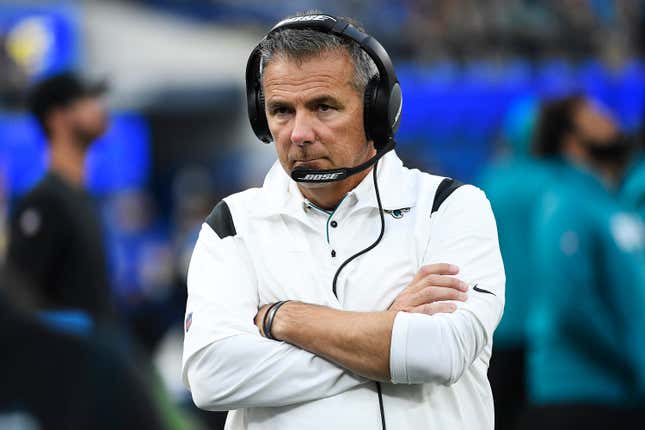 Head coach Urban Meyer of the Jacksonville Jaguars looks on during the third quarter against the Los Angeles Rams at SoFi Stadium on December 05, 2021 in Inglewood, California.