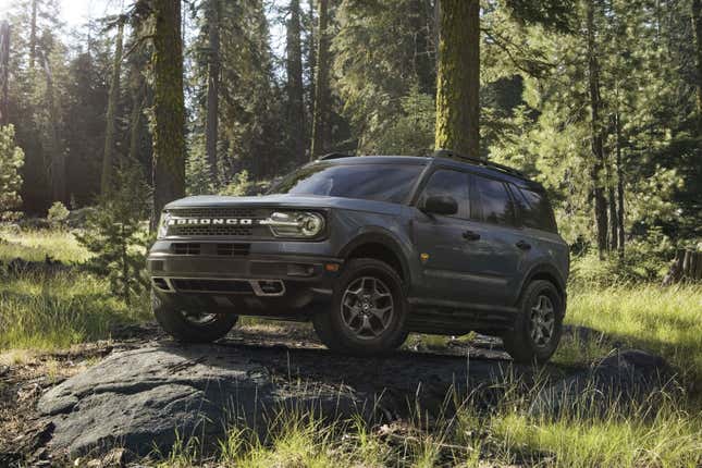 This photo provided by Ford shows the 2024 Bronco Sport Badlands. The Badlands is one of the most expensive trims for the Bronco Sport but it comes fully equipped to head out into nature. (Courtesy of Ford Motor Co. via AP)