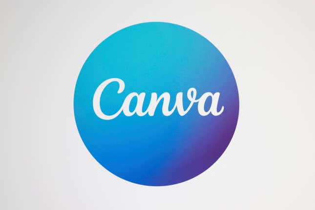 Canva logo, the word Canva written in white on a blue and purple circle