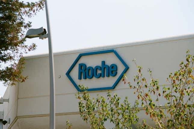 Logo on the exterior of the Silicon Valley headquarters building of pharmaceutical company Roche, Santa Clara, California.