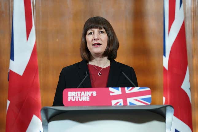 Shadow chancellor of the exchequer Rachel Reeves speaks during a press conference on the state of the UK economy, at Church House, Westminster, central London, Thursday Feb. 15, 2024. (Stefan Rousseau/PA via AP)