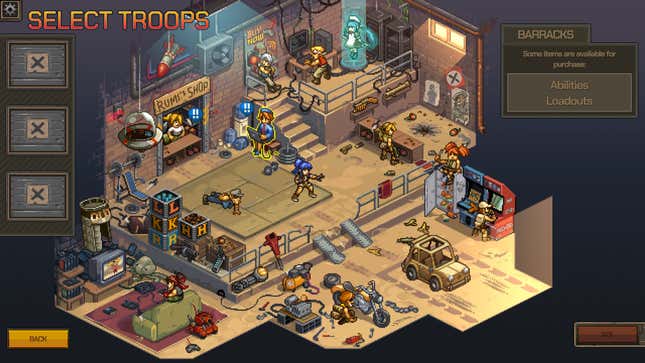 A screenshot shows the Metal Slug Tactics barracks with all of the characters hanging out.