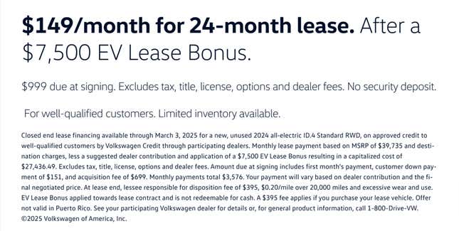 Image for article titled Volkswagen Kicks Off The 2025 EV Price Wars With $149 A Month Lease On An ID4