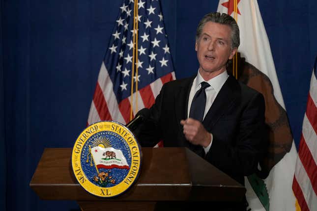 California Gov. Gavin Newsom discusses his 2022-2023 state budget revision during a news conference in Sacramento, Calif., Friday, May 13, 2022. California lawmakers adjourned this year’s legislative session, Wednesday, Aug. 31, 2022 leaving Newsom with 30 days to sign or reject hundreds of bills including several dealing with climate change. 