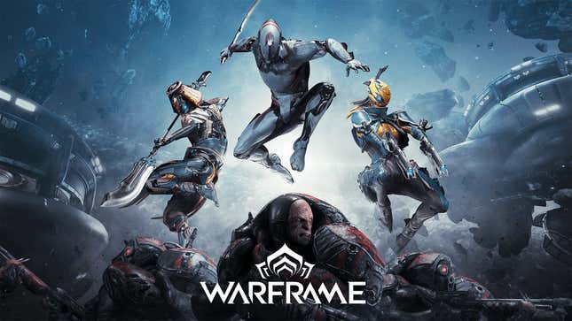 A promotional image for Warframe shows three heroes in futuristic warrior attire pouncing on enemies against a space background.