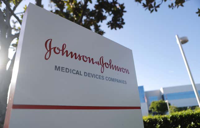 A sign is posted at the Johnson & Johnson campus 