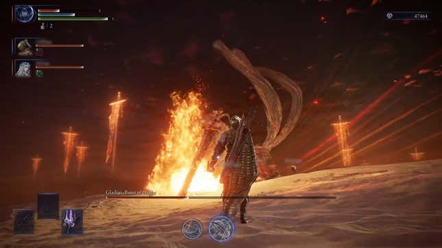 Gladius uses fire attacks against the party.