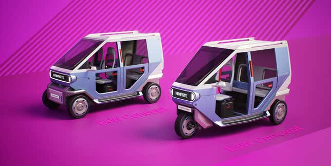 THe four-wheel and three-wheel concpets next to each other in front of a pink background