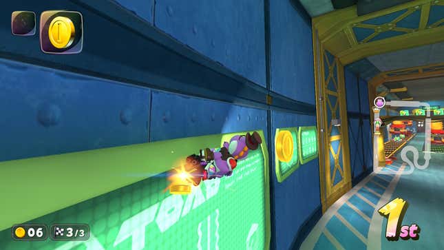 A purple Yoshi collects coins while wall riding.