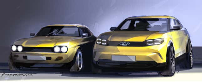 Design sketches of the Ford Capri EV and original Capri