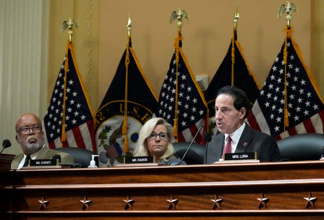 WASHINGTON, DC - MARCH 28: Rep. Jamie Raskin (D-MD) (R) speaks alongside Rep. Liz Cheney (R-WY) and Rep. Bennie Thompson (D-MS), Chair of the Select Committee to Investigate the January 6th Attack on the U.S. Capitol, during a committee business meeting on Capitol Hill March 28, 2022, in Washington, DC. 