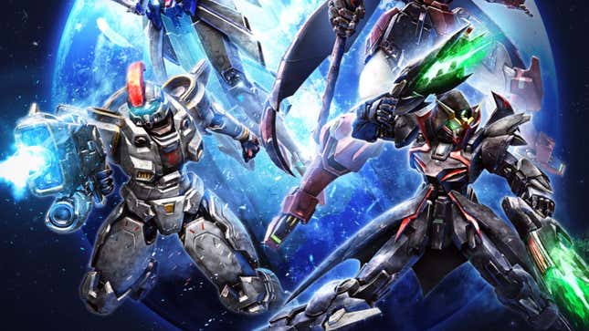 Overwatch heroes stylized as Gundam suits hover over the earth.