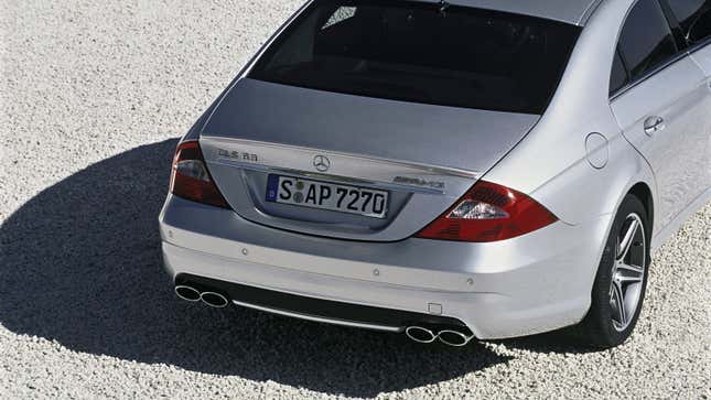 A photo of the rear quarter of a Mercedes CLS 63 AMG sedan. 