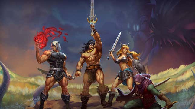 An armored warrior equipped with fire magic, a shirtless barbarian, a Valkyrie, and a stealthy, rogue-like figure stand out in Abathor's official artwork. 