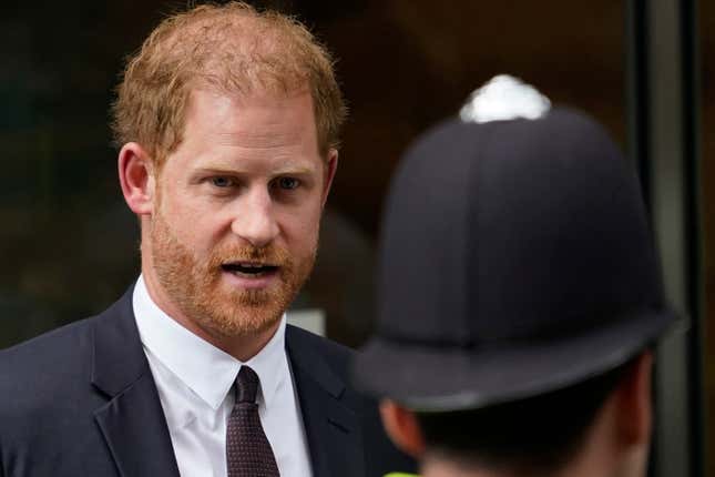 FILE - Prince Harry leaves the High Court after giving evidence in London, Tuesday, June 6, 2023. Prince Harry is challenging on Tuesday, Dec. 5, 2023, the British government’s decision to strip him of his security detail after he gave up his status as a working member of the royal family and moved to the United States. The Duke of Sussex said he wants protection when he visits home and claimed it&#39;s partly because an aggressive press jeopardizes his safety and that of his family. (AP Photo/Alberto Pezzali, File)