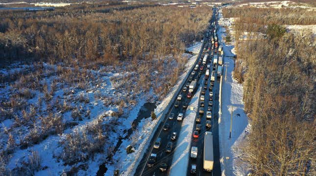 Traffic backed up on Virginia Highway 1 after being diverted from I-95 near Fredericksburg, Virginia on Jan. 4, 2022.