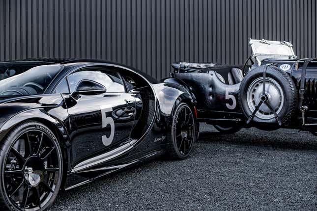The side views of a black Bugatti Chiron Super Sport and Type 50S