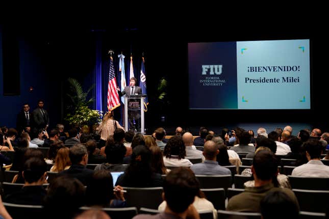 Argentine President Javier Milei speaks to students at Florida International University, Thursday, April 11, 2024, in North Miami, Fla. (AP Photo/Lynne Sladky)