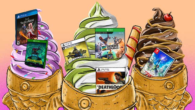 Upcoming video game covers sticking out of ice cream cones