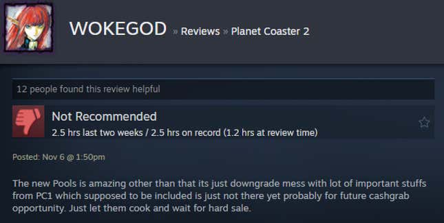 A screenshot shows a Steam user review of Planet Coaster 2.