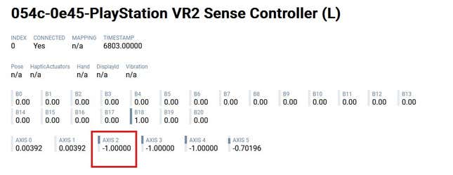 A screenshot of a PlayStation VR Sense controller being tested. A red box can be seen around the value labeled “Axis 2.”