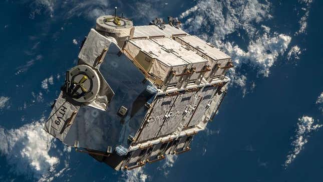 The pallet packed with old nickel-hydrogen batteries, photographed shortly after being released by the Canadarm2 robotic arm.