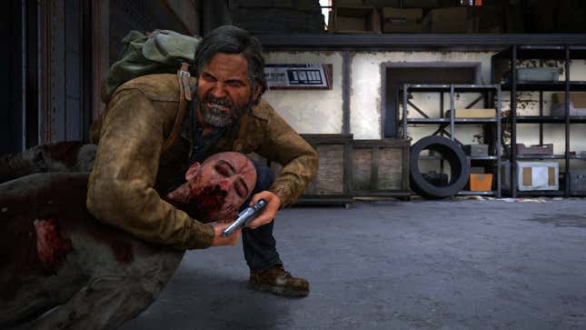 Joel chokes out an infected.