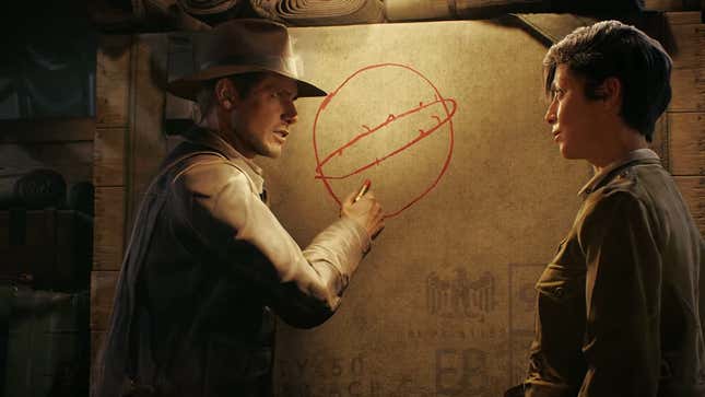 Indiana Jones draws a circle on a wall.