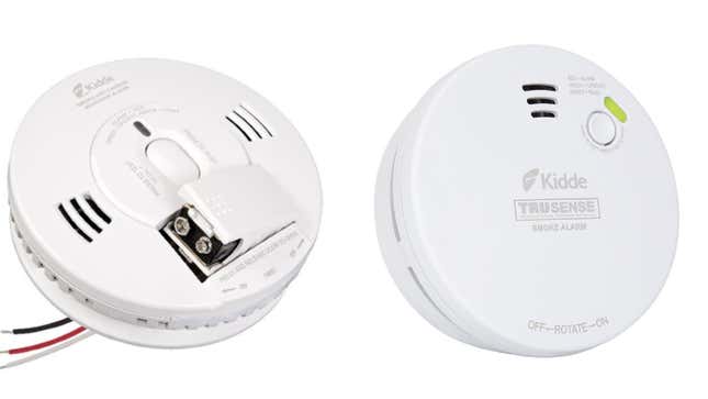 The Kidde TruSense 2070-VASCR (left) and TruSense 2040-DSR (right) smoke alarms and carbon monoxide detectors, two of the seven  recalled models