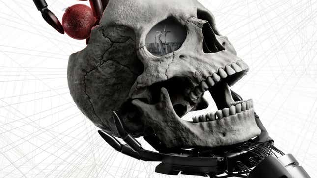 A robot hand holds a human skull while another pulls a red ball from its cranium.