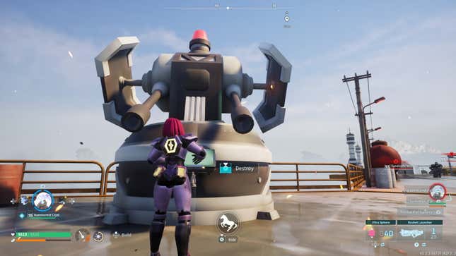 The player character stands in front of a large turret.