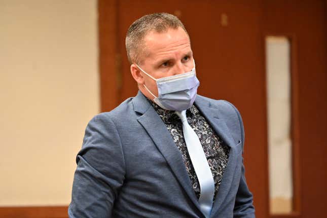 Former Louisville police officer Brett Hankison prepares to leave the courtroom during a recess, Thursday, Feb. 24, 2022, in Louisville, Ky. Hankison is charged with wanton endangerment for shooting through Breonna Taylor’s apartment into the home of her neighbors during botched police raid that killed Taylor.