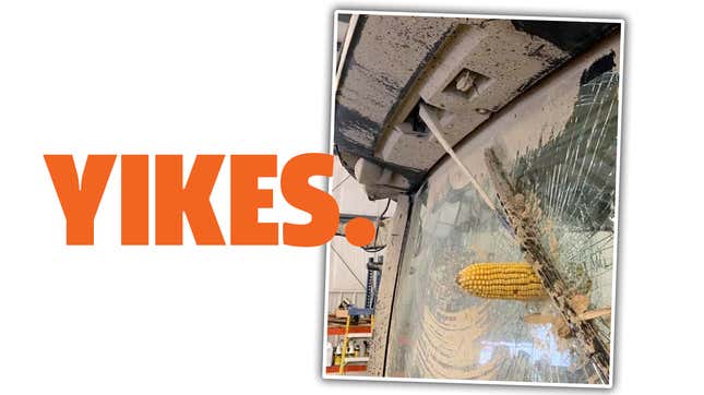 Image for article titled Holy Crap A Tornado Launched A Corn Cob Through A Tractor Windshield