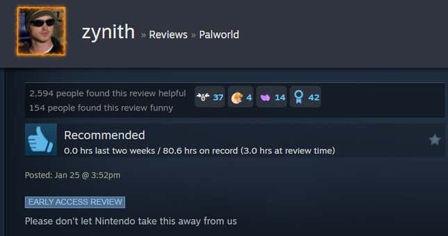 A Palworld steam review reading "Please don't let Nintendo take this away from us"