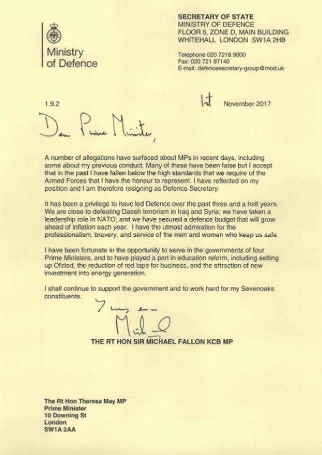 Image for article titled A lawmaker with no military experience replaces Michael Fallon as UK defense secretary
