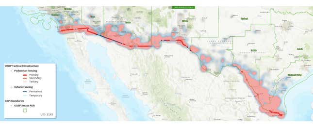 Customs and Border Patrol map of the border wall landscape.