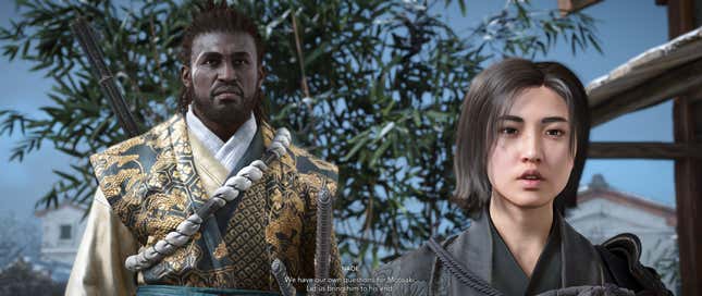 Yasuke and Naoe stand next to one another.