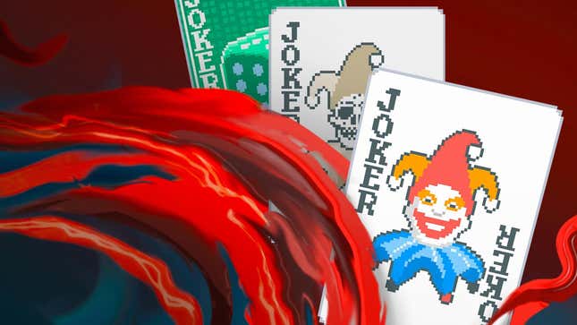 Joker cards appear in front of a red background.