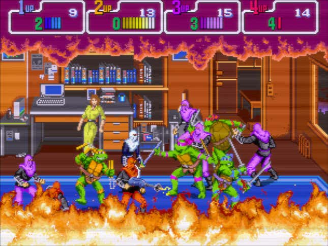 Mayhem reigns with four-player action in the 1989 TMNT arcade game.