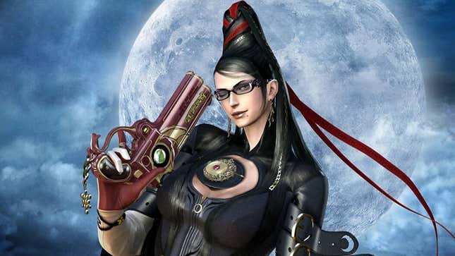 Bayonetta, with her obscenely tiny head, winks at camera.