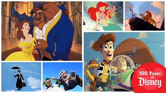 Clockwork from top left: Beauty And The Beast, The Little Mermaid, The Lion King, Toy Story, Up, and Mary Poppins (All screenshots: Walt Disney Pictures and Pixar Animation Studios/YouTube)