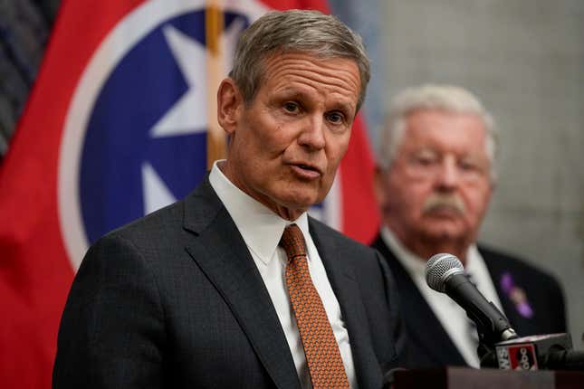 Gov. Bill Lee speaks during a news conference at the end of the 2024 legislative session, Thursday, April 25, 2024, in Nashville, Tenn. (AP Photo/George Walker IV)