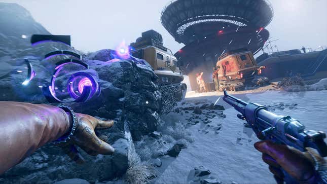 The player uses their left hand to teleport through a snowy rock pass, while aiming their gun at an enemy in the distance. A massive radio dish looms overhead.