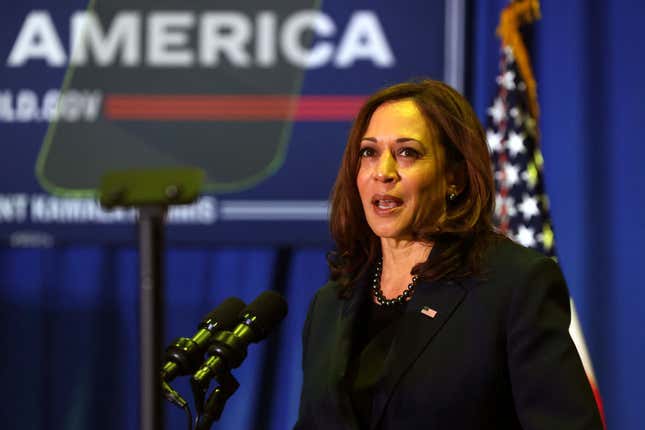 WASHINGTON, DC - DECEMBER 16: U.S. Vice President Kamala Harris speaks during an infrastructure announcement at AFL-CIO on December 16, 2021, in Washington, DC. Vice President Harris announced the administration’s plan to deliver clean drinking water, replace lead pipes, and remediate lead paint that harm Americans’ health.