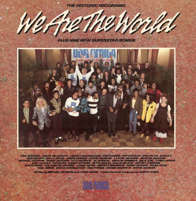 Front cover of the ‘USA for Africa We are the World’ record album, the music on which was designed to raise awareness and funds for a worldwide hunger relief program, 1985.