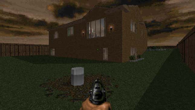 Una captura de pantalla muestra una casa de bloques en Doom II. 