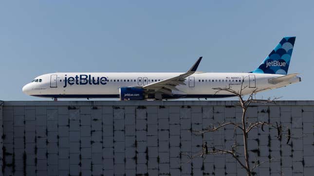 A JetBlue Airways plane prepares to take off from the Fort Lauderdale-Hollywood International Airport on January 31, 2024 in Fort Lauderdale, Florida.