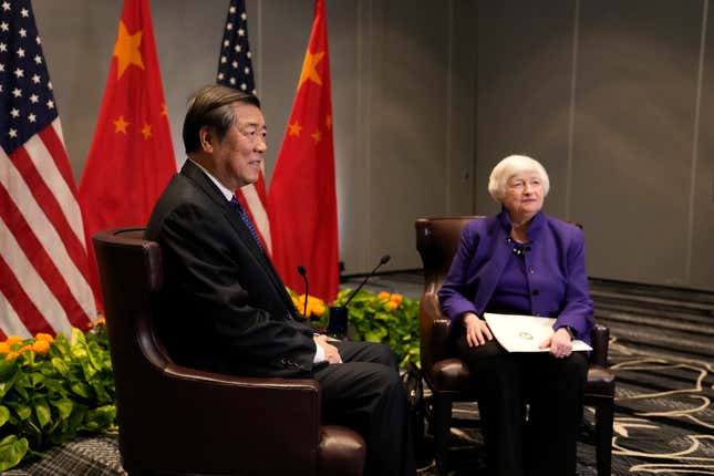 Treasury Secretary Janet Yellen, right, sits next to Chinese Vice Premier He Lifeng Friday, Nov. 10, 2023, in San Francisco. Yellen and Lifeng met on Thursday in the San Francisco, the latest in a string of senior level engagements between the nations in recent months aimed at easing tensions. (AP Photo/Eric Risberg)