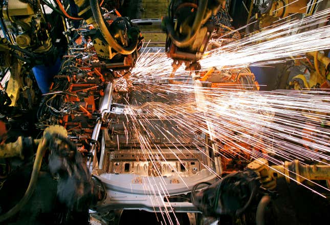 A General Motors vehicle on the production lines in Lansing, Michigan, in 2010. The Detroit automaker has signed a deal with Hyundai Motor Co. to explore working together to make new gas, electric, and hydrogen-powered vehicles.